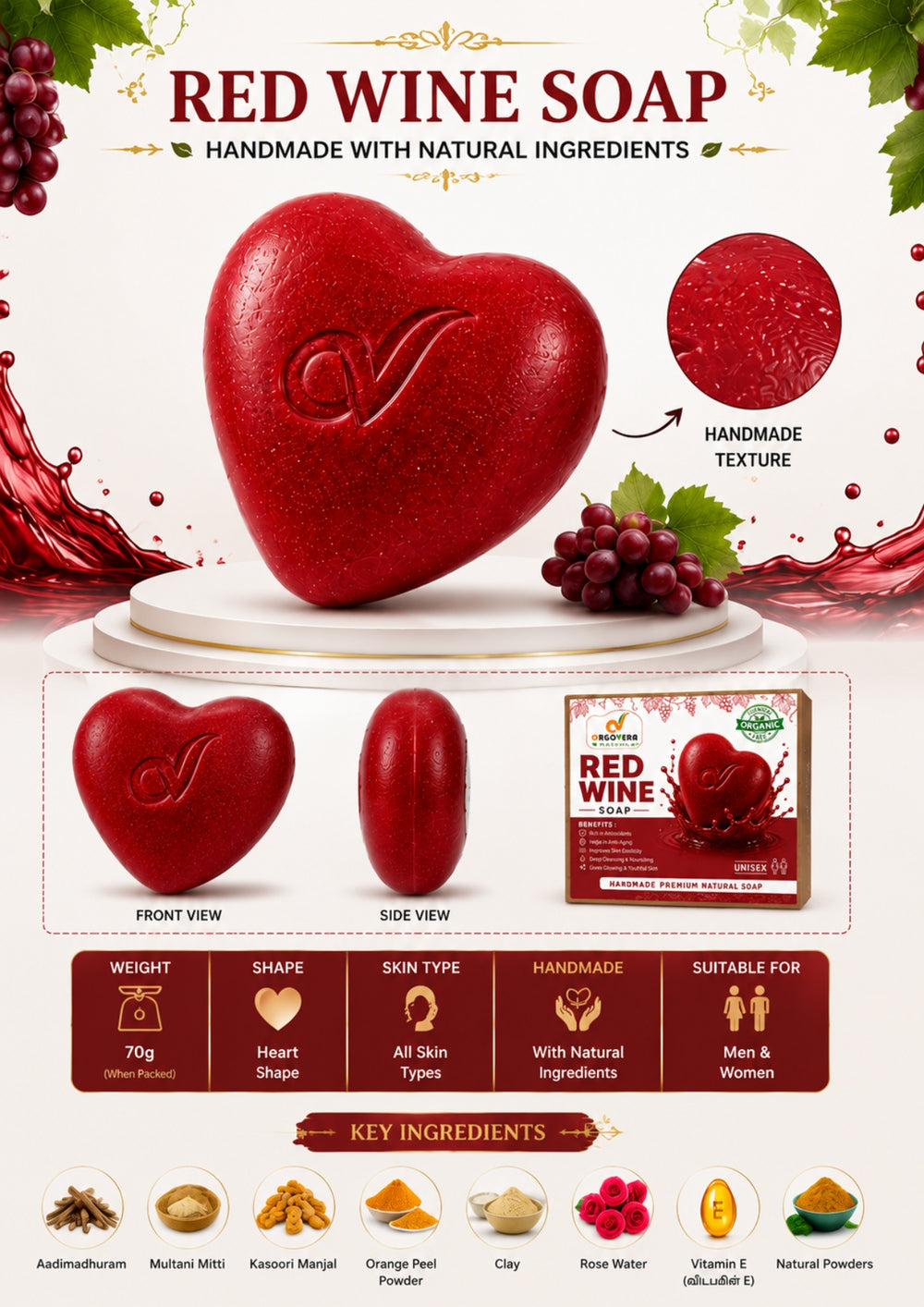 OrgoVera Naturals Charcoal & Red Wine Handmade Soap | Oil Control & Skin Glow | 2*70g | Buy 1 Get 1 Free