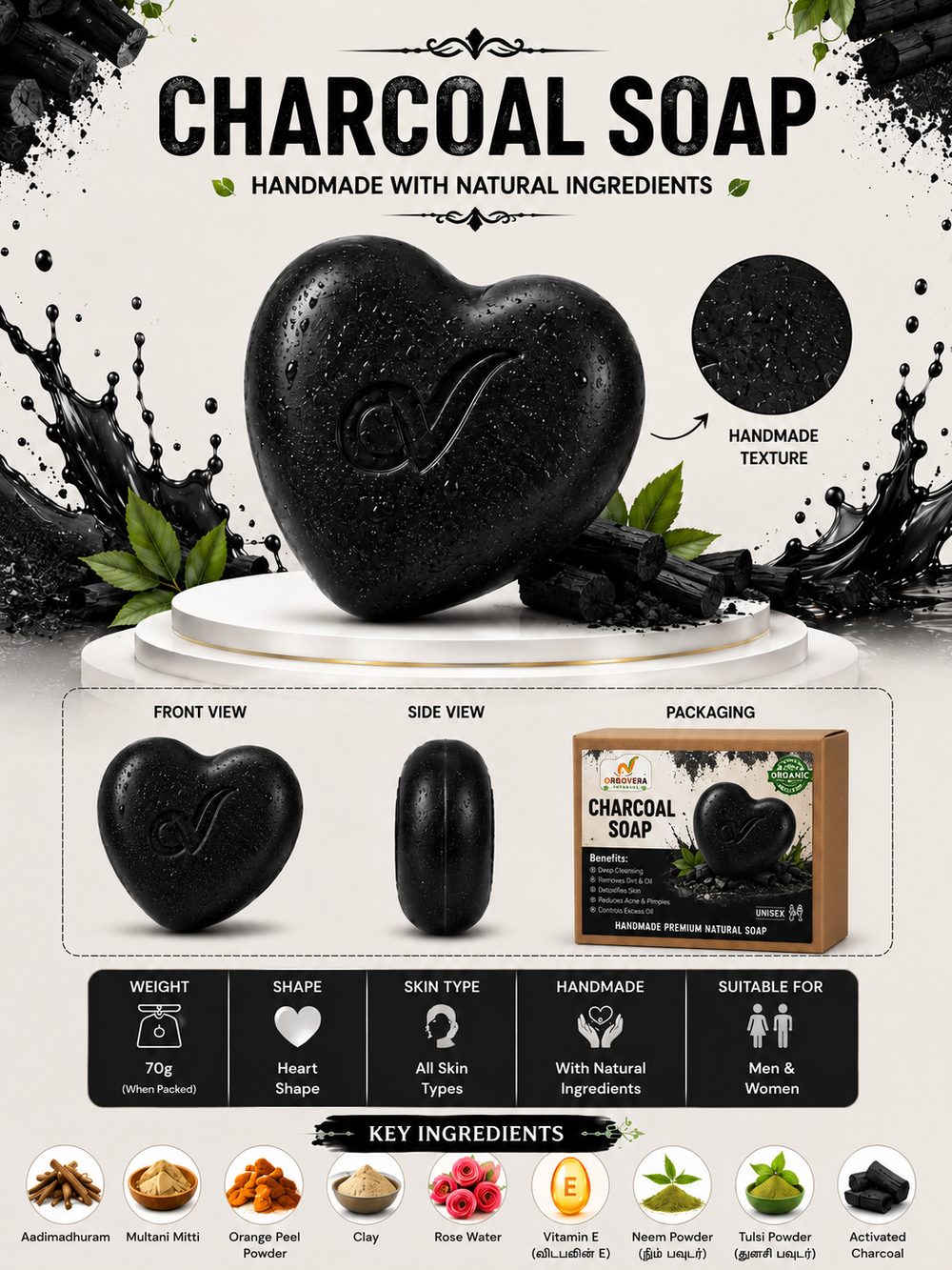 OrgoVera Naturals Charcoal & Lemon Handmade Soap | Oil Control & Brightening |2* 70g | Buy 1 Get 1 Free